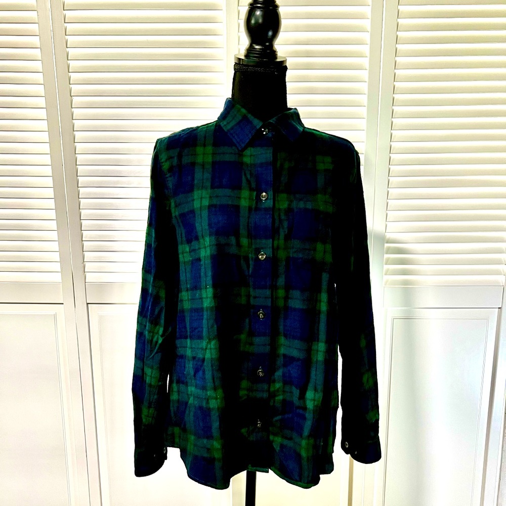 LLBean green/blue plaid flannel shirt